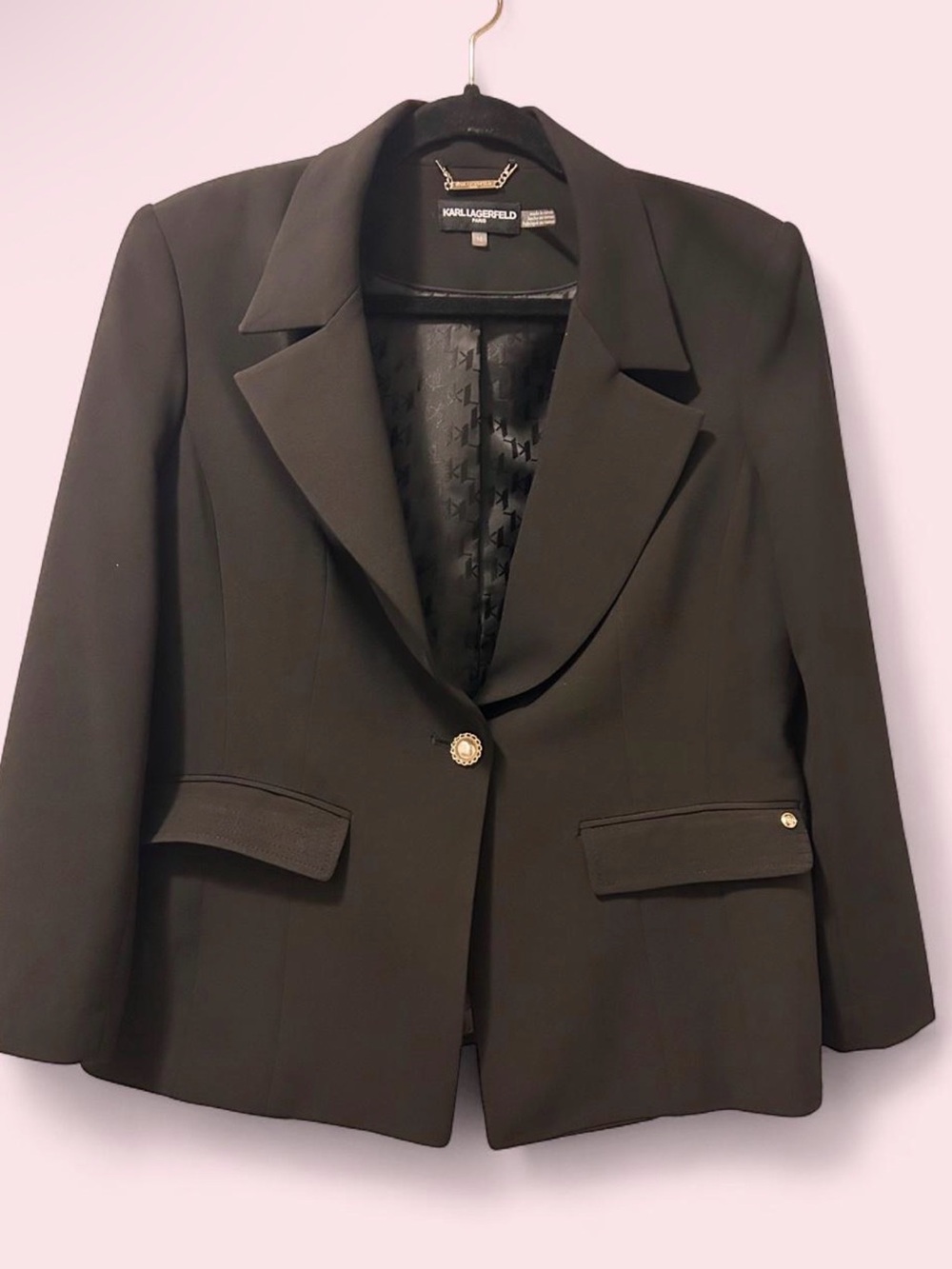 Karl Lagerfeld Black Single-Button Tailored Blazer with Gold Trim Button